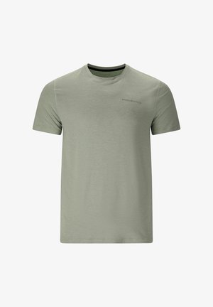 Hellolivgrünes T-Shirt mit kurzen Ärmeln und Rundhalsausschnitt, kleines "ENDURANCE"-Logo auf der oberen linken Brust.