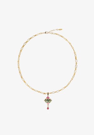 Goldene Halskette mit länglichen Gliedern, mit einem farbenfrohen Anhänger in Grün, Pink und Weiß sowie einem rosa Edelsteintropfen.