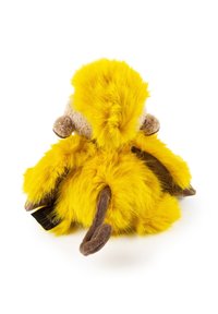 Yellow plush toy with soft, fluffy texture. Features brown accents on feet and ears, round shape, and tag visible on the side.