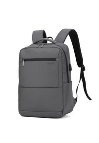 Zaino in tessuto grigio con forma rettangolare, dotato di una tasca frontale con zip, spallacci imbottiti e una maniglia superiore per il trasporto.