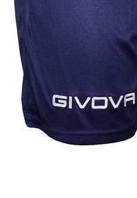 Pantaloni sportivi blu navy realizzati in tessuto liscio, con il logo "GIVOVA" ricamato in bianco vicino all'orlo inferiore e un design semplice.