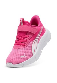 Pink athletic shoes with mesh material, elastic laces, and a Velcro strap. Features white accents and a thick textured rubber sole.