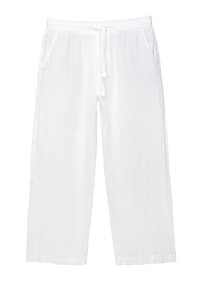 Pantalon décontracté en lin blanc avec taille élastique et cordon de serrage, doté de poches latérales et d'une coupe droite.