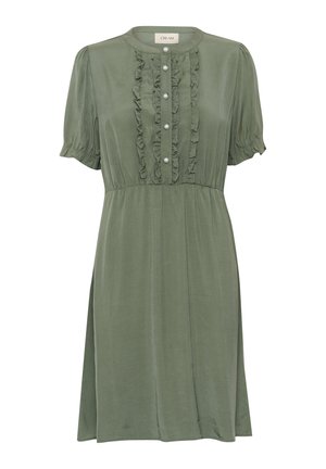 Olive roheline kleit pehmest kangast, millel on lühikesed puhvvarrukad, volangiga esidetail ja pärlniit keskel.