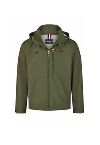 Grüne Kapuzenjacke aus leichtem Material, mit einem Reißverschluss vorne, Kordelzugkapuze und dezenten Akzentstreifen im Krageninneren.