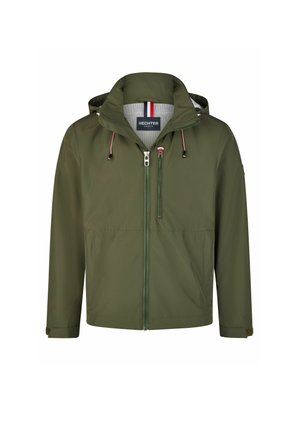 Grüne Kapuzenjacke aus leichtem Material, mit einem Reißverschluss vorne, Kordelzugkapuze und dezenten Akzentstreifen im Krageninneren.