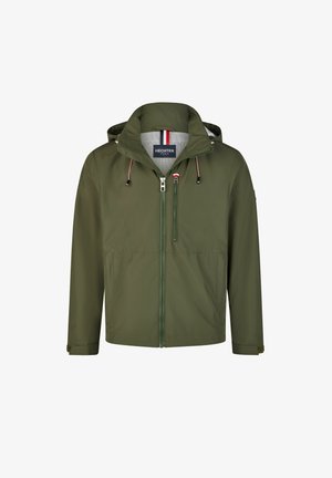 Groene hoodiejack met een lichtgewicht materiaal, voorzien van een rits aan de voorkant, een trekkoordkap en subtiele accentstrepen binnen de kraag.