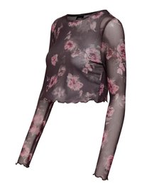 Doorzichtige zwarte crop top met lange mouwen, voorzien van een bloemenpatroon in tinten roze en grijs. Getande randen versterken het ontwerp.