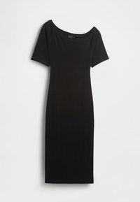 Fekete midi ruha rugalmas anyagból. Rövid ujjakkal, széles nyakkivágással és testhezálló sziluettel rendelkezik, további díszítés nélkül.