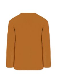 Langarmshirt aus einfarbigem orangefarbenem Stoff, mit Rundhalsausschnitt und geradem Saum. Geschmeidige Textur ohne Muster oder Verzierungen.