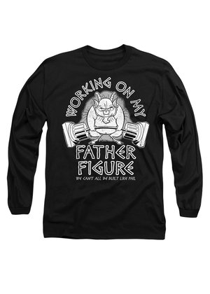 Black long-sleeve shirt featuring a cartoonish figure lifting weights, with white text: "Working on my father figure" and a humorous tagline.