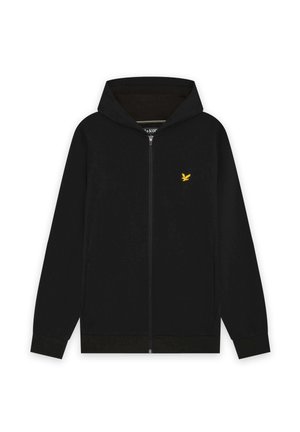 Sweat à capuche noir zippé avec poches avant, manches longues, une capuche, et un petit logo d'oiseau jaune sur le côté gauche de la poitrine.