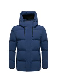 Mörkblå pufferjacka med hög krage, knappknäppning och justerbara dragsnören. Har kviltade sektioner och elastiska ärmslut.