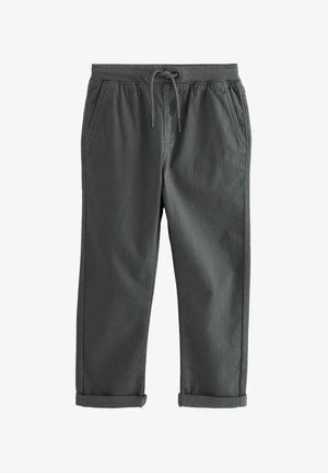 Graue Baumwollhose mit elastischem Bund und Kordelzug, ausgestattet mit Seitentaschen und umgeschlagenen Säumen für eine entspannte Passform.