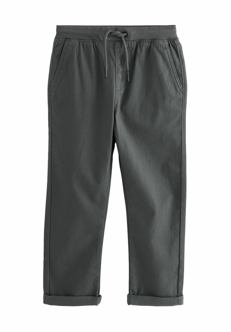 Pantalons en coton gris avec une taille élastique et un cordon de serrage, dotés de poches latérales et de poignets roulés pour un ajustement décontracté.