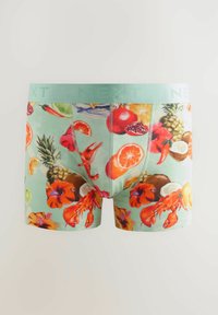 Boxershorts mit mintgrünem Hintergrund, verziert mit einem bunten Obst- und Meeresfrüchte-Print, akzentuiert durch einen hellgrünen, gebrandeten Bund.