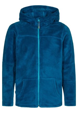 Chaqueta polar azul con cremallera completa, capucha y bolsillos delanteros, diseñada para brindar calidez y uso casual.