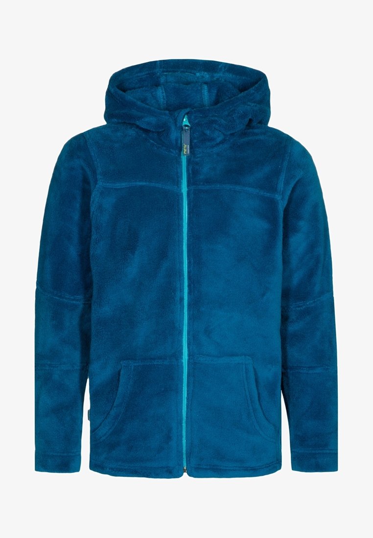 Veste polaire bleue à fermeture éclair intégrale avec capuche et poches avant, conçue pour la chaleur et une tenue décontractée.