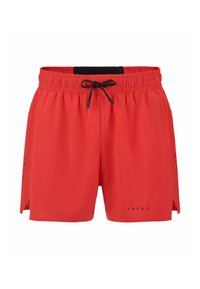 Pantaloni da bagno rossi realizzati in tessuto leggero; presentano un elastico in vita con cordoncino nero, tasche laterali e dettaglio del logo.