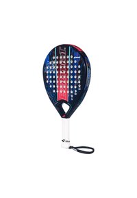 Padelracket met een ronde kop, zwart en blauw grafisch ontwerp, witte grip, ventilatiegaten en een polsband voor veilige grip.
