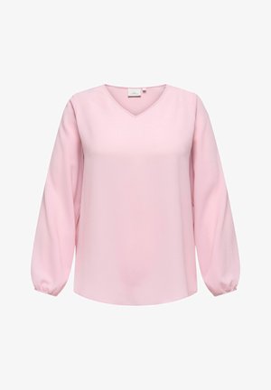 Žametno roza bluza z dolgimi rokavi, v-izrezom in elastičnimi manšetami, prikazana na belem ozadju.