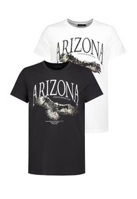 Black and white t-shirts featuring "ARIZONA PHOENIX MOTOR CLUB" graphic, with an eagle illustration, crew neck, short sleeves, cotton material.