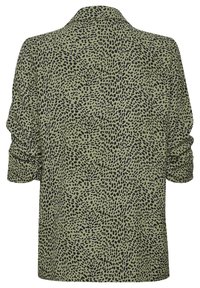 Grüne Bluse mit einem schwarzen abstrakten Muster, ausgestattet mit einem Kragen, langen Ärmeln mit gerafften Manschetten und einer lockeren Passform.