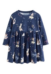 Langärmeliges Kleid aus marineblauer Baumwolle mit gerafftem Rock. Bedruckt mit verspielten Tiermotiven, Sternen und festlichen Akzenten.