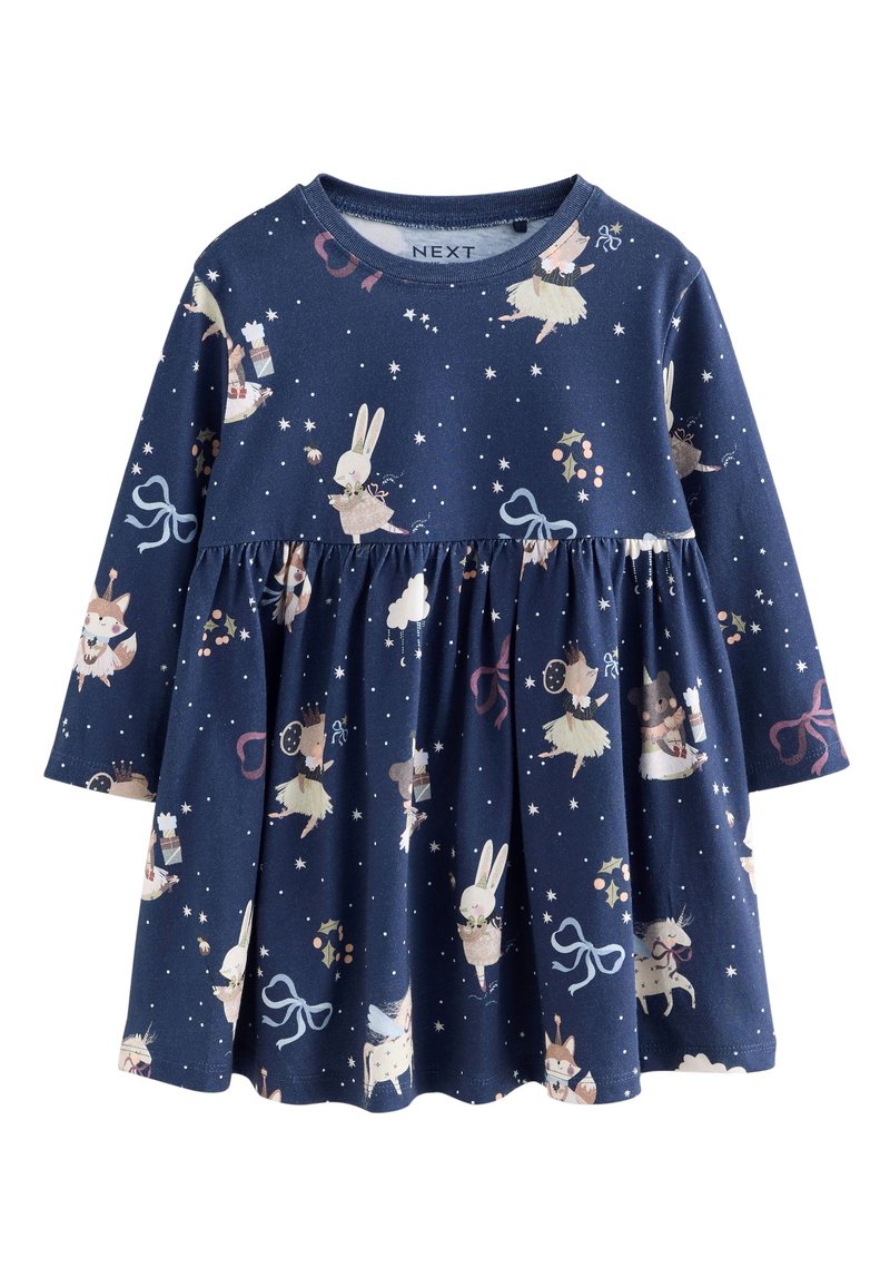 Langärmeliges Kleid aus marineblauer Baumwolle mit gerafftem Rock. Bedruckt mit verspielten Tiermotiven, Sternen und festlichen Akzenten.