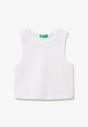Biały prążkowany top bez rękawów z okrągłym dekoltem i zieloną metką United Colors of Benetton na tylnej części kołnierza.