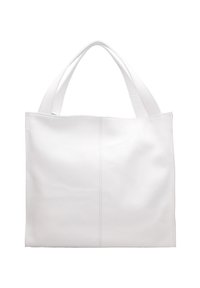 Borsa tote in pelle bianca con doppi manici, texture liscia e design minimalista. Presenta dettagli di cuciture sottili e nessun hardware visibile.