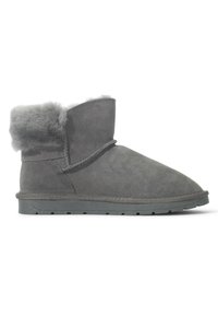 Stivaletti alla caviglia in suede grigio con bordo in pelliccia sintetica, punta rotonda, suola in gomma piatta e dettagli decorativi di cucitura sui lati.