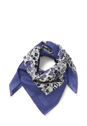 Blue and white square scarf with black and blue floral patterns, folded to show both solid and patterned sections.