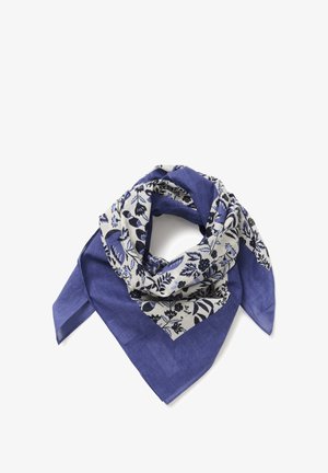 Modro-biely štvorec s čiernymi a modrými kvetinovými vzormi, zložený tak, aby ukázal pevné aj vzorované časti.