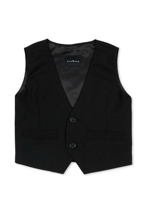 Gilet nero formale con due bottoni frontali, due tasche a fessura, scollo a V e fodera interna liscia con etichetta Richmond.