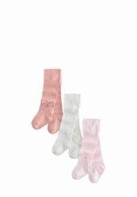 Zwei Paar gerippte Strumpfhosen in sanftem Rosa und Weiß, mit kleinen Schleifen am Knöchel. Glatte Textur mit passgenauer Passform.
