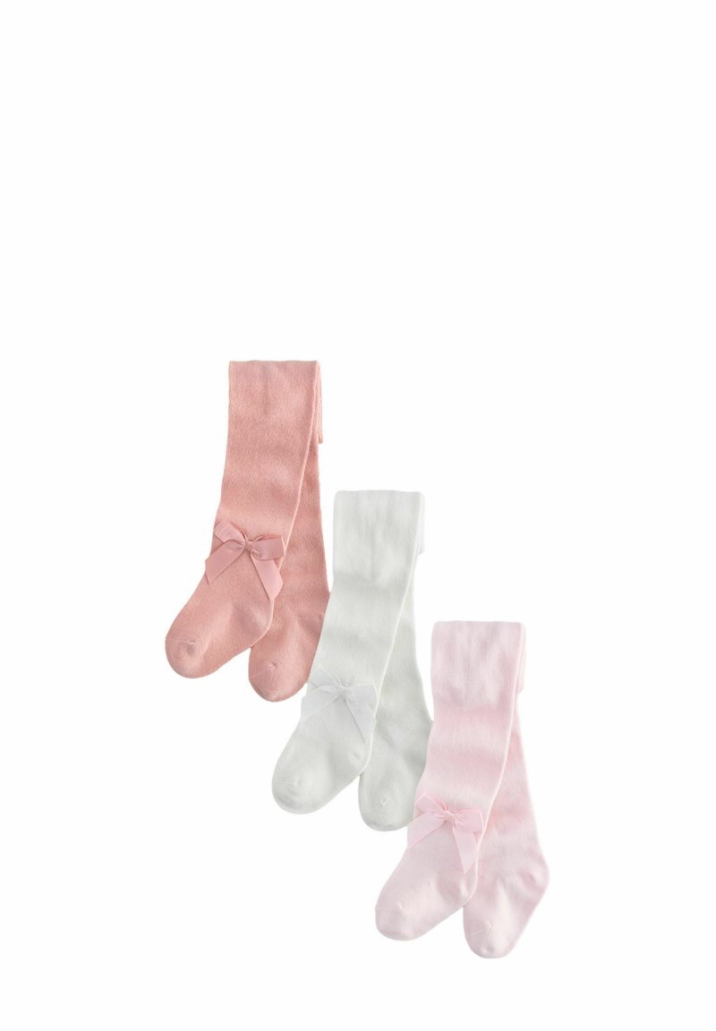 Zwei Paar gerippte Strumpfhosen in sanftem Rosa und Weiß, mit kleinen Schleifen am Knöchel. Glatte Textur mit passgenauer Passform.