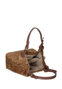 Borsa in pelle color cuoio con decorazioni floreali in rilievo, tracolle marroni e un ampio interno dotato di diversi scomparti e di una fodera morbida.