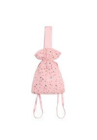 Saco com cordão em tecido cor-de-rosa, com bordado floral e detalhes brilhantes. Textura suave com alças planas para transporte.