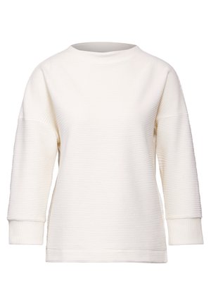 White sweatshirt with a ribbed texture, wide neckline, and three-quarter sleeves. Simple, clean design without additional patterns or accents.