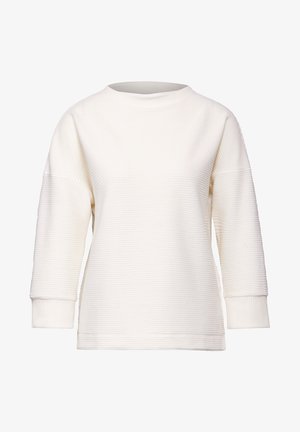 White sweatshirt with a ribbed texture, wide neckline, and three-quarter sleeves. Simple, clean design without additional patterns or accents.