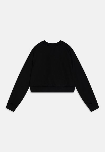 Svart kortad sweatshirt med långa ärmar, ribbade manschetter och rundad halsringning. Tillverkad av mjukt tyg med en slät yta. Inga mönster eller detaljer.