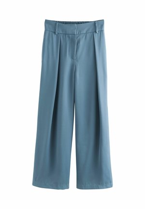 Weite Hosen aus einem soften, hellblauen Stoff mit glatter Textur, ausgestattet mit einem flachen Vorderteil, Falten und einem elastischen Bund.