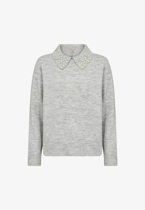 Gray sweater with long sleeves and a collared neckline adorned with white pearl-like embellishments. Soft texture and relaxed fit.