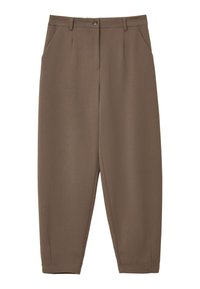 Brown trousers with a smooth finish, featuring a button closure, two side pockets, a loose fit, and subtle pleats at the front.