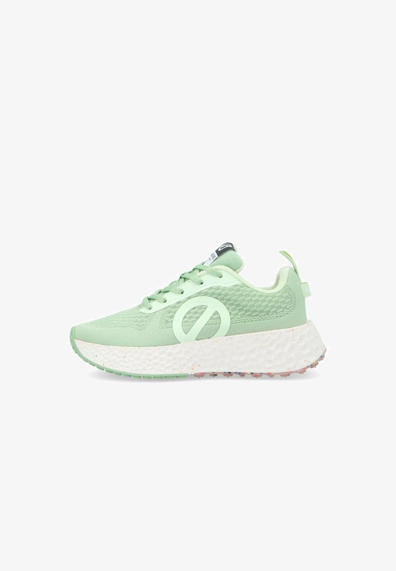 Green athletic sneakers with a textured upper, large logo detail, and a cushioned white sole featuring colorful speckles.