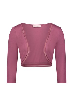 Boléro mauve raccourci à manches trois-quarts, devant ouvert bordé de tissu transparent.