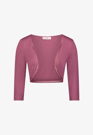 Gekürztes malvenfarbenes Bolero mit dreiviertellangen Ärmeln und offenem Vorderteil, das mit transparentem Stoff besetzt ist.