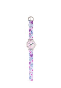 Montre d'enfant colorée avec un bracelet blanc ornée de motifs de cœurs roses et bleus, matériel en argent, et un cadran rond avec de grands chiffres.