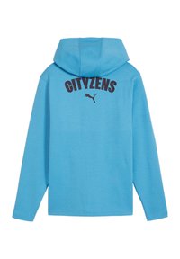 Lichtblauwe hoodie van zacht materiaal. Heeft de tekst "CITYZENS" in donkergroen gedrukt op de bovenrug, met een klein Puma-logo.